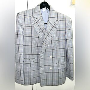 Marlon Gobel Wool (Bergdorf Goodman exclusive) DB Cropped Blue Glen Plaid Blazer